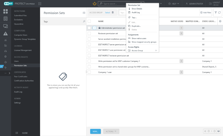 Permission set actions