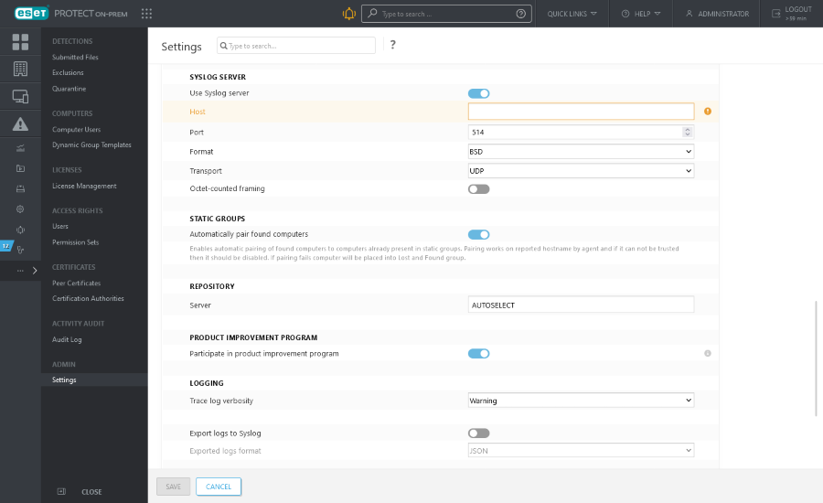 خادم Syslog في الإعدادات