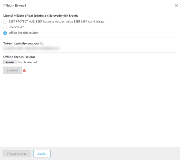 Přidání licence pomocí offline licenčního souboru.