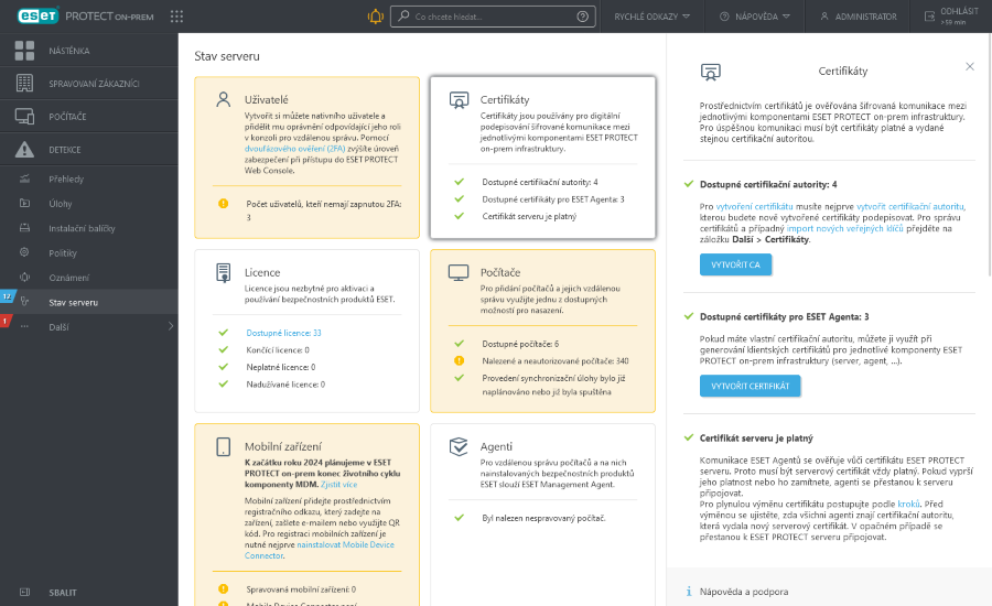 Certifikáty v sekci Přehled stavu