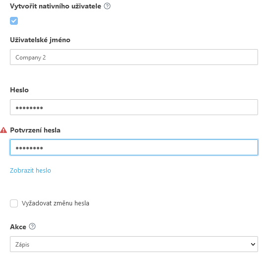 Vytvoření nativního uživatele.