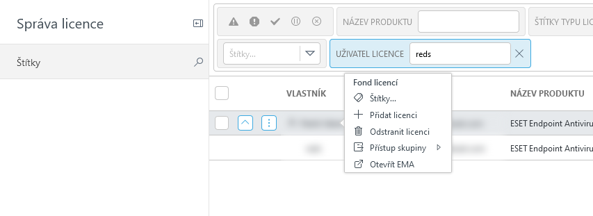 Odebrání licencí ve Správě licencí.