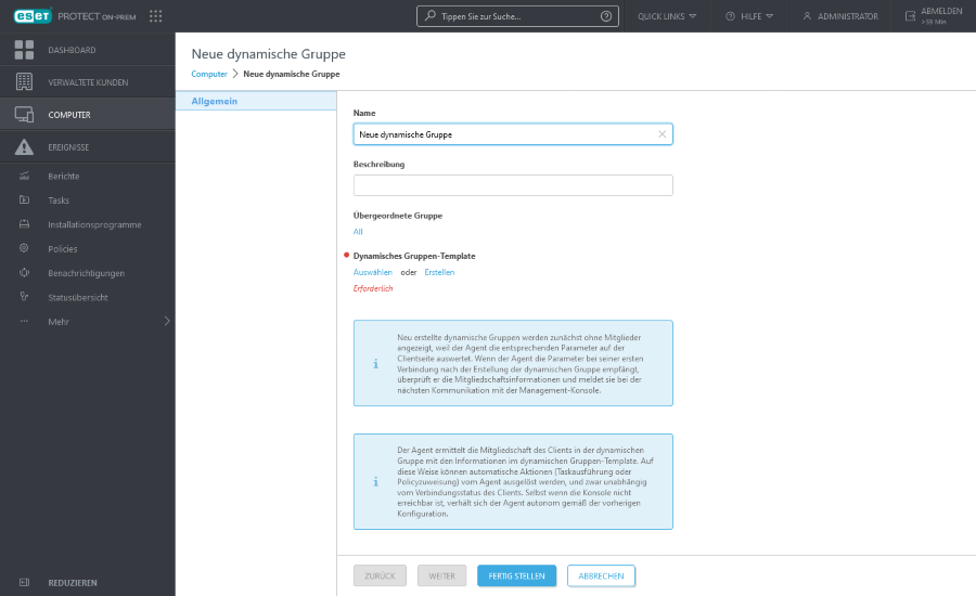 Name, Beschreibung, übergeordnete Gruppe und dynamisches Gruppen-Template für die neue dynamische Gruppe
