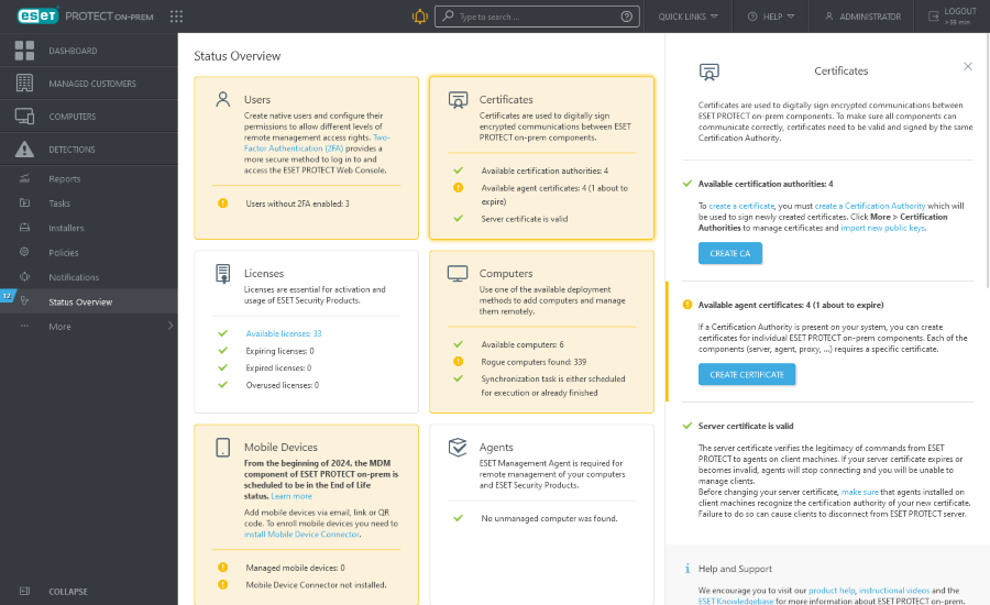 Certificates in Status Overview