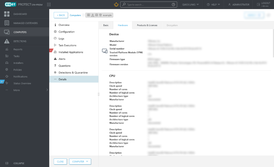 Hardware tab in the Details section