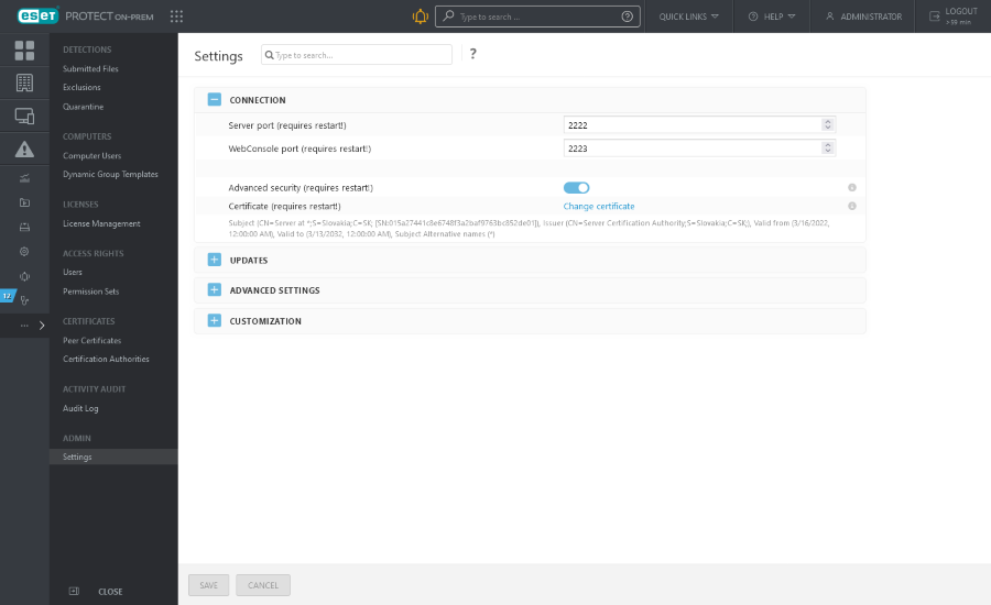 Connection in Admin Settings