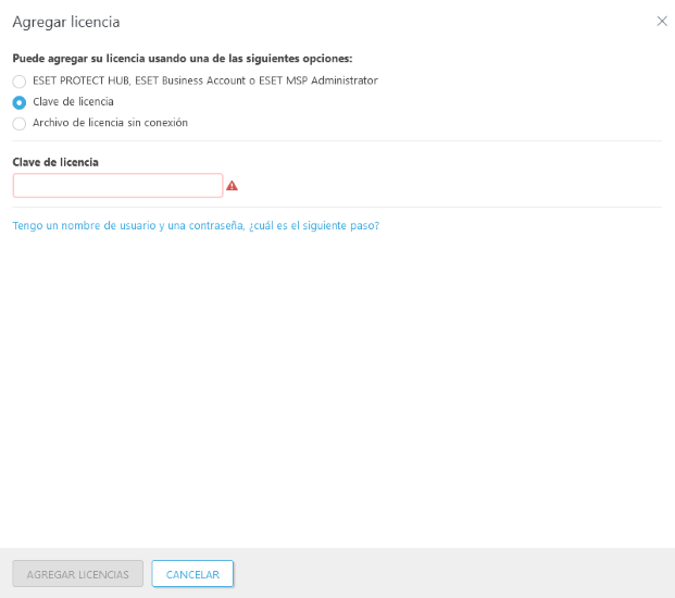 Agregar licencia con clave de licencia Agregar licencia con clave de licencia