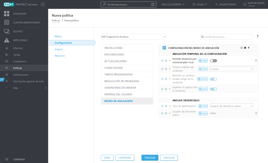 Modo de anulación en la configuración de la nueva política