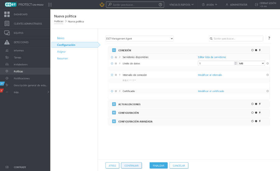 Servidores a los que conectarse en la configuración de la nueva política