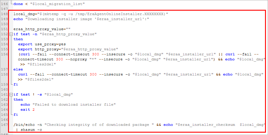 Líneas de código originales con la ruta del instalador en el instalador del script del agente de macOS Líneas de código originales con la ruta del instalador en el instalador del script del agente de macOS