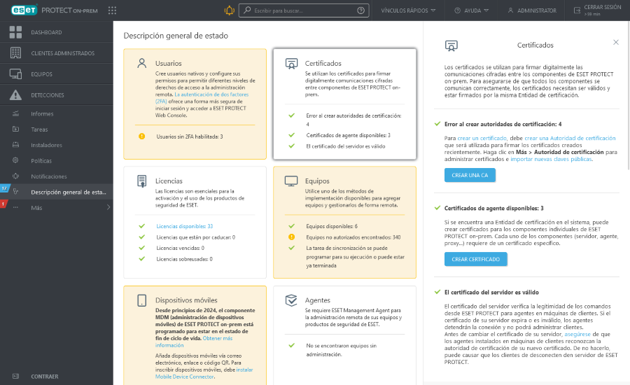 Certificados en Información general de estado