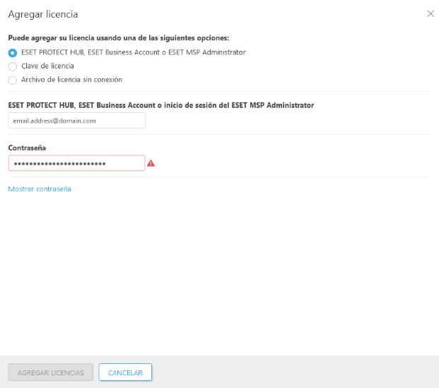 Se seleccionó la opción ESET PROTECT Hub, ESET Business Account o ESET MSP Administrator