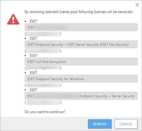 Eliminación del grupo de licencias seleccionado Eliminación del grupo de licencias seleccionado
