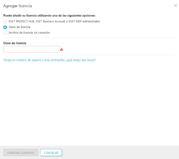 Agregar licencia con clave de licencia