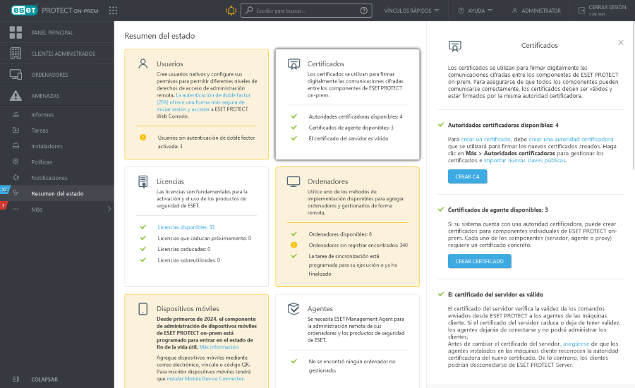 Certificados en Resumen del estado