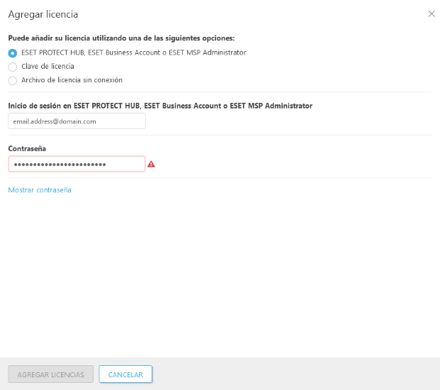 Opción de ESET PROTECT Hub, ESET Business Account o ESET MSP Administrator seleccionada