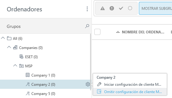 Omitir configuración de cliente MSP