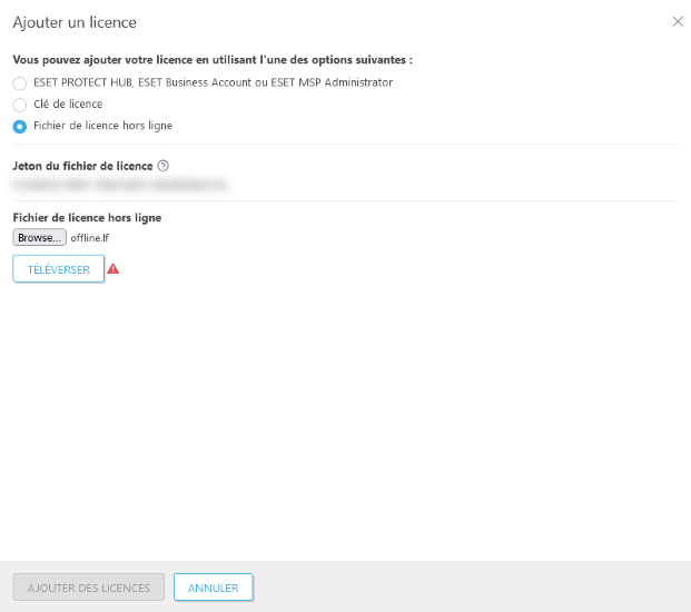Ajouter une licence avec un fichier de licence hors connexion.