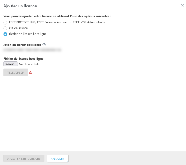 Ajouter une licence avec un fichier de licence hors connexion.