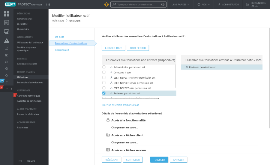 Cochez la case en regard d’un ensemble d’autorisations spécifique dans Ensembles d’autorisations non attribués (disponibles).