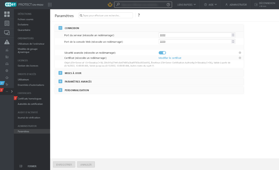 Connexion dans les paramètres d’administration