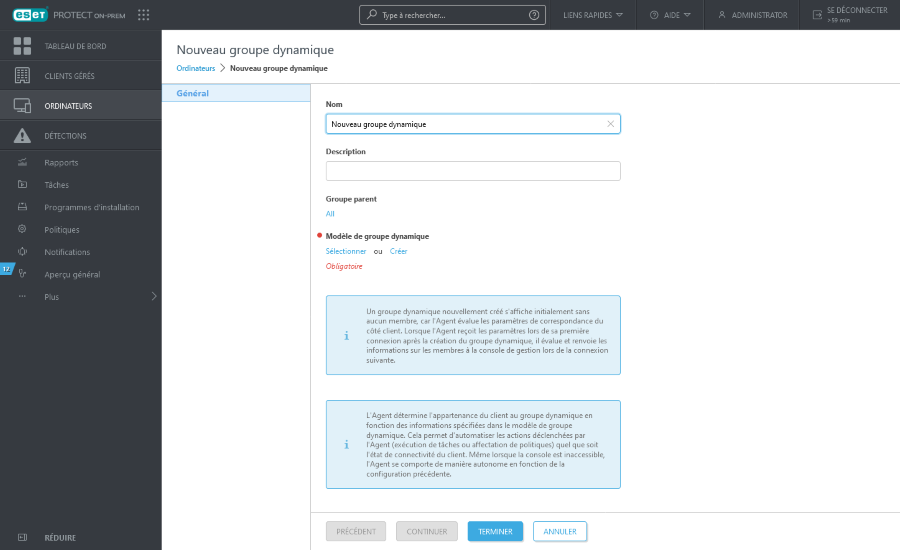 Nom, description, groupe parent et modèle de groupe dynamique pour le nouveau groupe dynamique