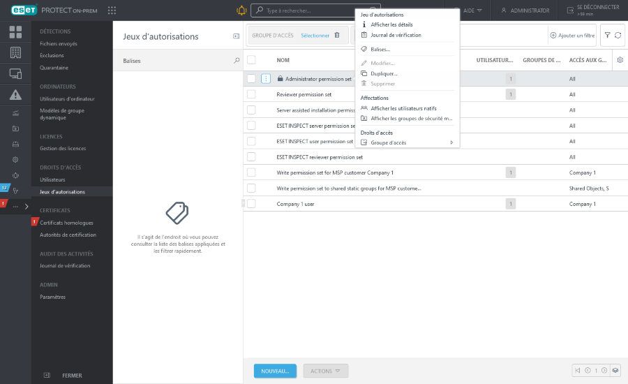Actions pour les jeux d'autorisations