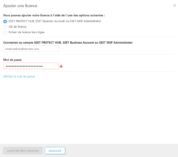 Option ESET PROTECT Hub, ESET Business Account ou ESET MSP Administrator sélectionnée