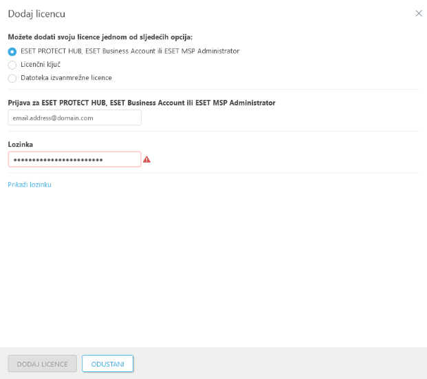 Odabrana je opcija ESET PROTECT Hub, ESET Business Account ili ESET MSP Administrator