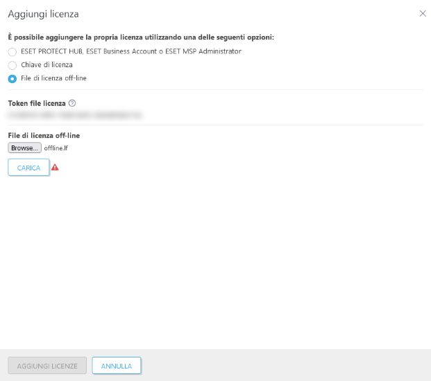 Aggiungi licenza con file di licenza offline.