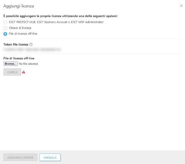Aggiungi licenza con file di licenza offline.