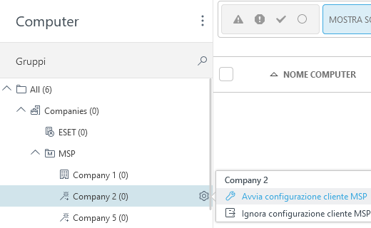 Avvia configurazione cliente MSP