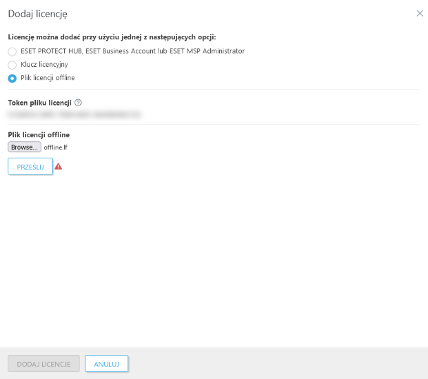 Dodaj licencję za pomocą pliku licencji offline.