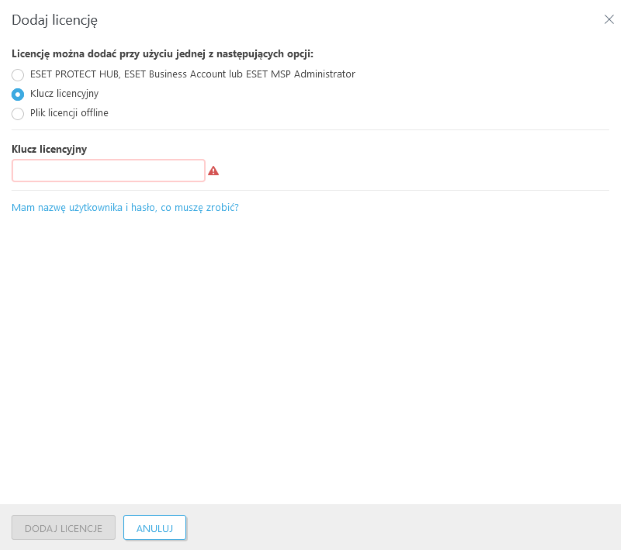 Dodawanie licencji za pomocą klucza licencyjnego