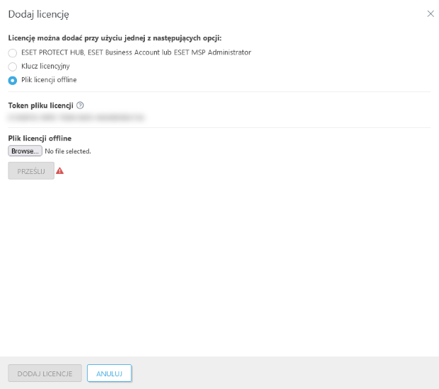 Dodaj licencję za pomocą pliku licencji offline.