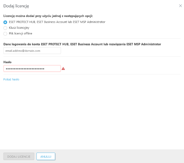 Wybrano opcję ESET PROTECT Hub, ESET Business Account lub ESET MSP Administrator