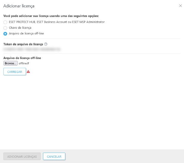 Adicionar licença com arquivo de licença off-line.