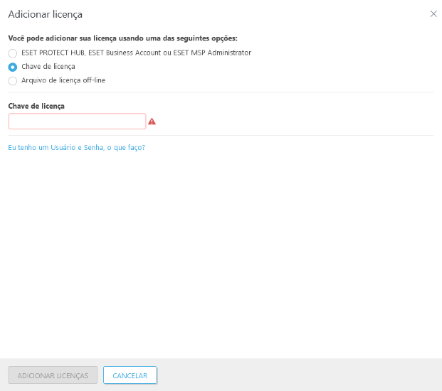 Adicionar licença com chave de licença