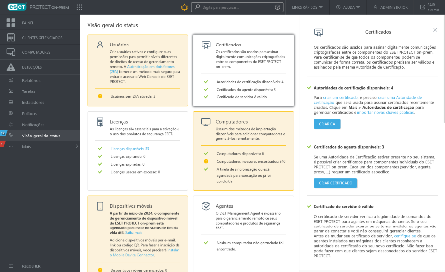 Certificados em Visão geral do status