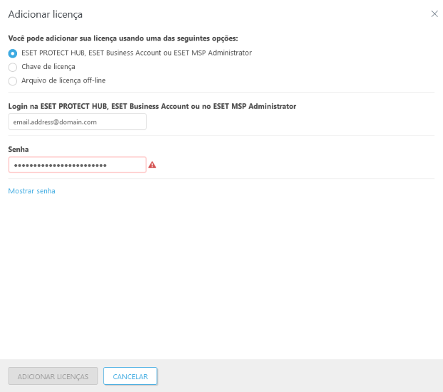Opção ESET PROTECT Hub, ESET Business Account ou ESET MSP Administrator selecionada