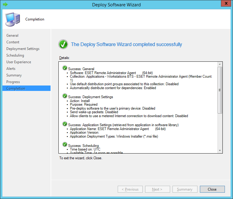 Proces v nástroji Deploy Software Wizard bol úspešne dokončený.