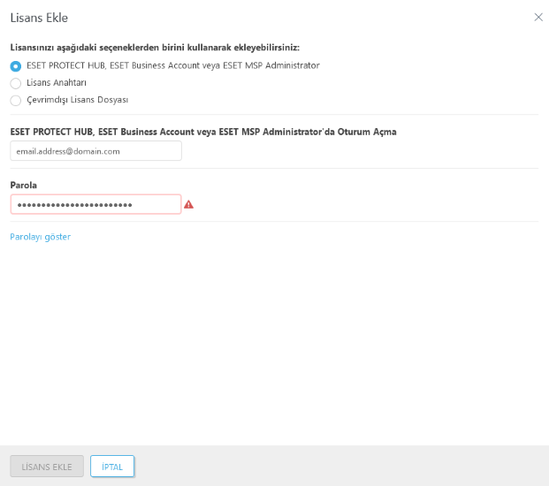 ESET PROTECT Hub, ESET Business Account veya ESET MSP Administrator seçeneği belirlendi