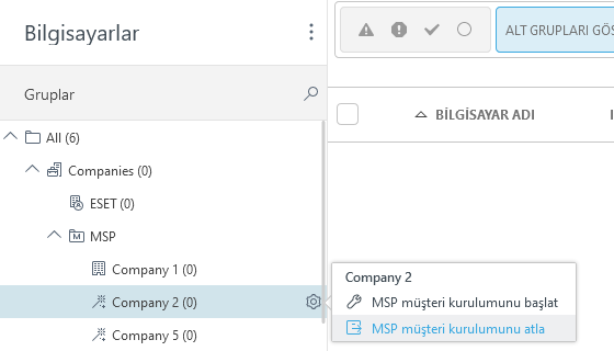 MSP müşteri kurulumunu atla