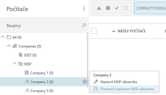 Přeskočte nastavení MSP zákazníka.