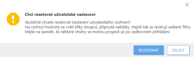 Resetování uživatelského nastavení. Resetování uživatelského nastavení.