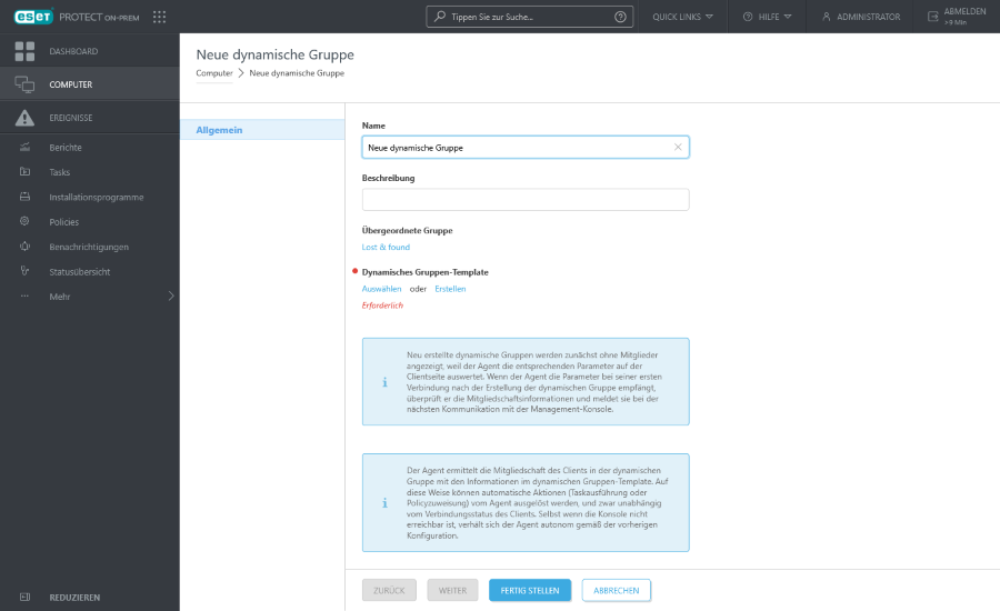 Name, Beschreibung, übergeordnete Gruppe und dynamisches Gruppen-Template für die neue dynamische Gruppe Name, Beschreibung, übergeordnete Gruppe und dynamisches Gruppen-Template für die neue dynamische Gruppe