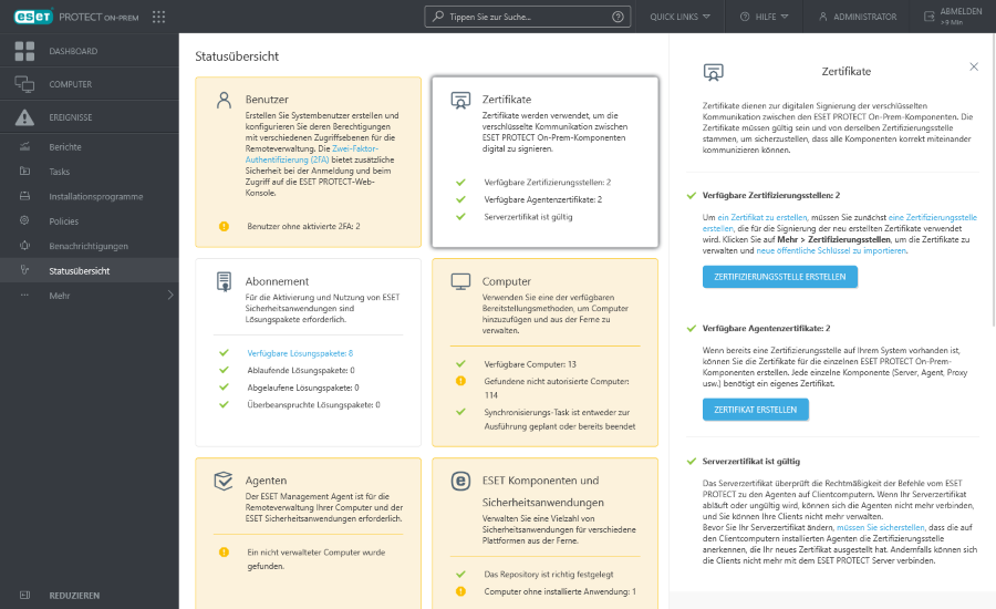 Zertifikate in der Statusübersicht Zertifikate in der Statusübersicht