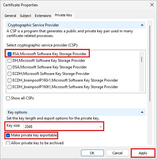 Private Key settings