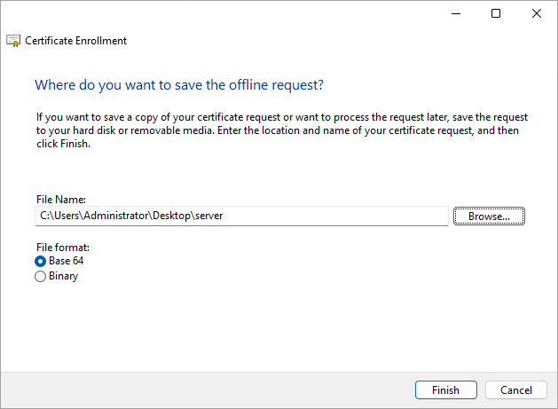 Select the location where the certificate signing request will be saved.