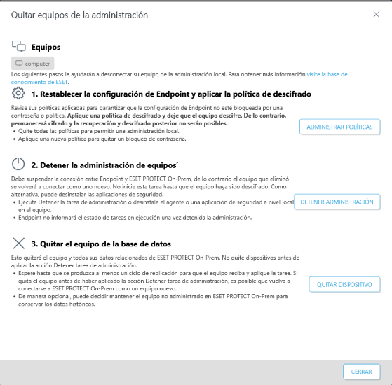 Eliminar equipo de administración